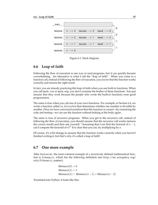 6.6. Leap of faith 57
n 3 recurse 2
recurse 1
recurse 1
__main__
factorial
n 2
n 1
n 0
factorial
factorial
factorial
1
1
2
6
1
result
2
6
result
result
Figure 6.1: Stack diagram.
6.6 Leap of faith
Following the flow of execution is one way to read programs, but it can quickly become
overwhelming. An alternative is what I call the “leap of faith”. When you come to a
function call, instead of following the flow of execution, you assume that the function works
correctly and returns the right result.
In fact, you are already practicing this leap of faith when you use built-in functions. When
you call math.cos or math.exp, you don’t examine the bodies of those functions. You just
assume that they work because the people who wrote the built-in functions were good
programmers.
The same is true when you call one of your own functions. For example, in Section 6.4, we
wrote a function called is_divisible that determines whether one number is divisible by
another. Once we have convinced ourselves that this function is correct—by examining the
code and testing—we can use the function without looking at the body again.
The same is true of recursive programs. When you get to the recursive call, instead of
following the flow of execution, you should assume that the recursive call works (returns
the correct result) and then ask yourself, “Assuming that I can find the factorial of n − 1,
can I compute the factorial of n?” It is clear that you can, by multiplying by n.
Of course, it’s a bit strange to assume that the function works correctly when you haven’t
finished writing it, but that’s why it’s called a leap of faith!
6.7 One more example
After factorial, the most common example of a recursively defined mathematical func-
tion is fibonacci, which has the following definition (see http://en.wikipedia.org/
wiki/Fibonacci_number):
fibonacci(0) = 0
fibonacci(1) = 1
fibonacci(n) = fibonacci(n − 1) + fibonacci(n − 2)
Translated into Python, it looks like this:
 