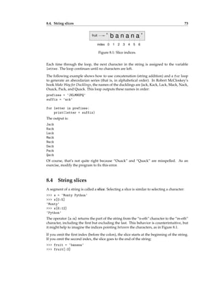8.4. String slices 73
fruit b a n n
a a ’
0 1 2 3 4 5 6
index
’
Figure 8.1: Slice indices.
Each time through the loop, the next character in the string is assigned to the variable
letter. The loop continues until no characters are left.
The following example shows how to use concatenation (string addition) and a for loop
to generate an abecedarian series (that is, in alphabetical order). In Robert McCloskey’s
book Make Way for Ducklings, the names of the ducklings are Jack, Kack, Lack, Mack, Nack,
Ouack, Pack, and Quack. This loop outputs these names in order:
prefixes = 'JKLMNOPQ'
suffix = 'ack'
for letter in prefixes:
print(letter + suffix)
The output is:
Jack
Kack
Lack
Mack
Nack
Oack
Pack
Qack
Of course, that’s not quite right because “Ouack” and “Quack” are misspelled. As an
exercise, modify the program to fix this error.
8.4 String slices
A segment of a string is called a slice. Selecting a slice is similar to selecting a character:
>>> s = 'Monty Python'
>>> s[0:5]
'Monty'
>>> s[6:12]
'Python'
The operator [n:m] returns the part of the string from the “n-eth” character to the “m-eth”
character, including the first but excluding the last. This behavior is counterintuitive, but
it might help to imagine the indices pointing between the characters, as in Figure 8.1.
If you omit the first index (before the colon), the slice starts at the beginning of the string.
If you omit the second index, the slice goes to the end of the string:
>>> fruit = 'banana'
>>> fruit[:3]
 