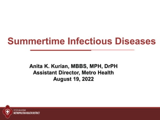 1
Anita K. Kurian, MBBS, MPH, DrPH
Assistant Director, Metro Health
August 19, 2022
1
Summertime Infectious Diseases
 