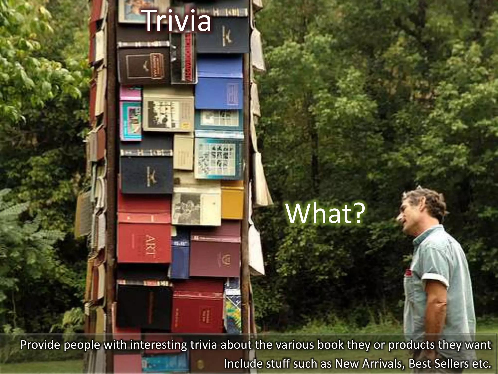 Trivia




                                                    What?



Provide people with interesting trivia about the various book they or products they want
                                        Include stuff such as New Arrivals, Best Sellers etc.
 