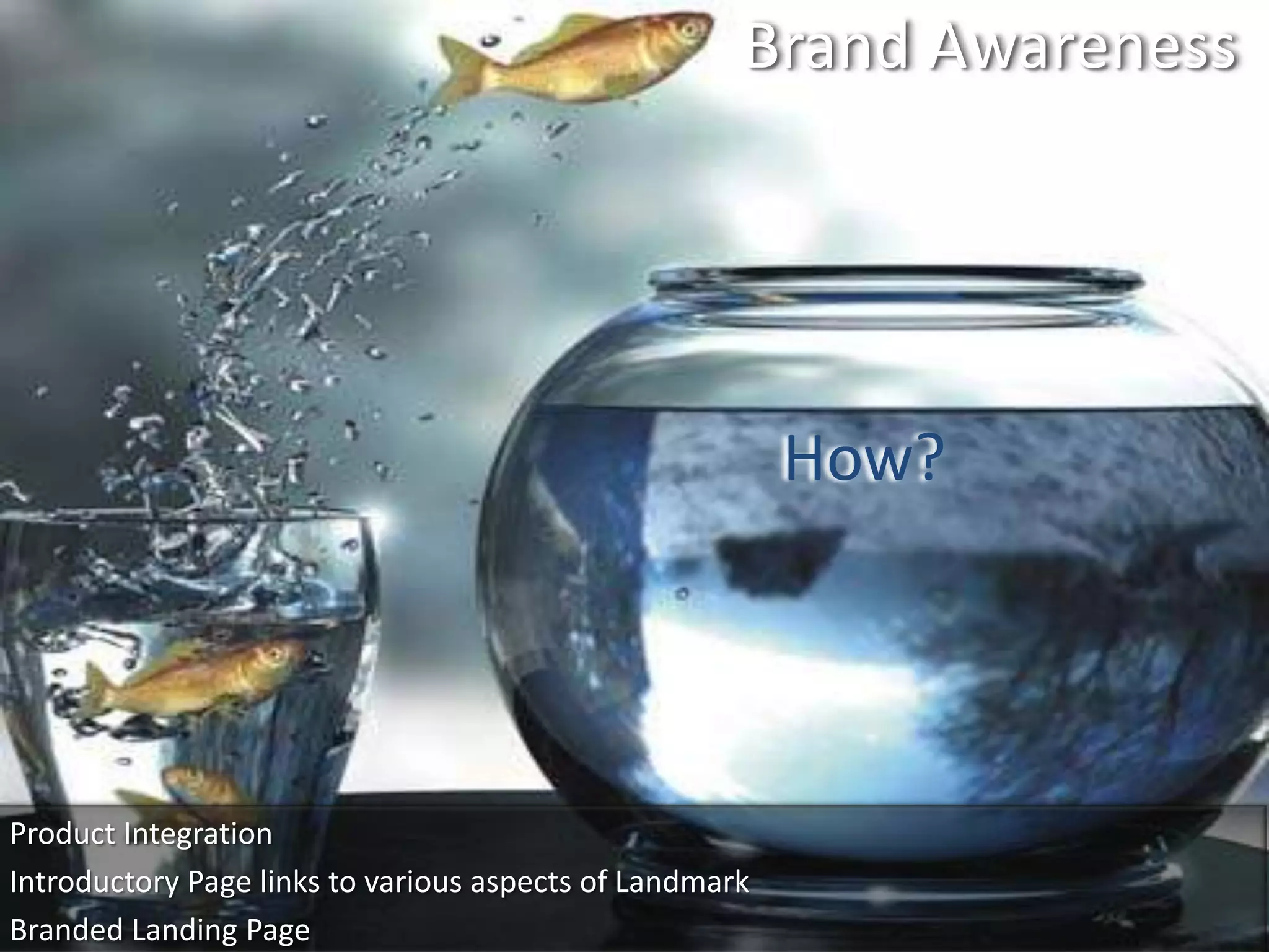 Brand Awareness




                                                         How?




Product Integration
Introductory Page links to various aspects of Landmark
Branded Landing Page
 