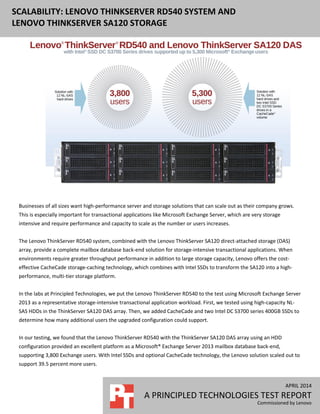 APRIL 2014
A PRINCIPLED TECHNOLOGIES TEST REPORT
Commissioned by Lenovo
SCALABILITY: LENOVO THINKSERVER RD540 SYSTEM AND
LENOVO THINKSERVER SA120 STORAGE
Businesses of all sizes want high-performance server and storage solutions that can scale out as their company grows.
This is especially important for transactional applications like Microsoft Exchange Server, which are very storage
intensive and require performance and capacity to scale as the number or users increases.
The Lenovo ThinkServer RD540 system, combined with the Lenovo ThinkServer SA120 direct-attached storage (DAS)
array, provide a complete mailbox database back-end solution for storage-intensive transactional applications. When
environments require greater throughput performance in addition to large storage capacity, Lenovo offers the cost-
effective CacheCade storage-caching technology, which combines with Intel SSDs to transform the SA120 into a high-
performance, multi-tier storage platform.
In the labs at Principled Technologies, we put the Lenovo ThinkServer RD540 to the test using Microsoft Exchange Server
2013 as a representative storage-intensive transactional application workload. First, we tested using high-capacity NL-
SAS HDDs in the ThinkServer SA120 DAS array. Then, we added CacheCade and two Intel DC S3700 series 400GB SSDs to
determine how many additional users the upgraded configuration could support.
In our testing, we found that the Lenovo ThinkServer RD540 with the ThinkServer SA120 DAS array using an HDD
configuration provided an excellent platform as a Microsoft® Exchange Server 2013 mailbox database back-end,
supporting 3,800 Exchange users. With Intel SSDs and optional CacheCade technology, the Lenovo solution scaled out to
support 39.5 percent more users.
 