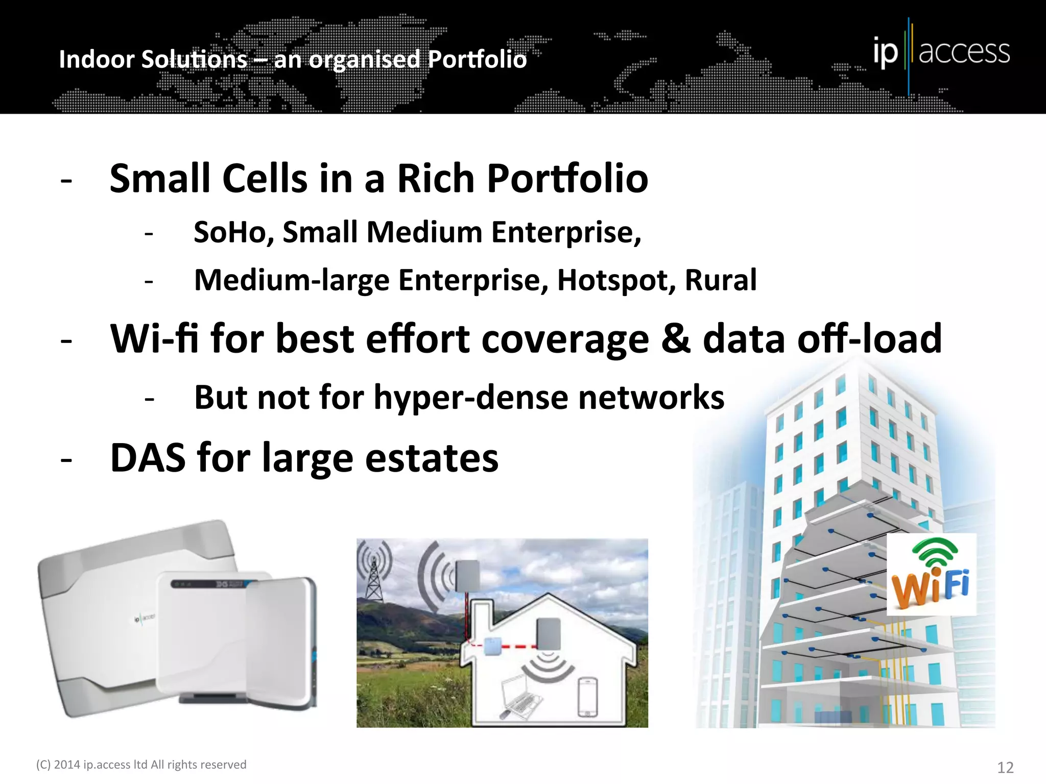 Indoor	
  Solu@ons	
  –	
  an	
  organised	
  PorPolio	
  

-­‐  Small	
  Cells	
  in	
  a	
  Rich	
  PorPolio	
  
-­‐ 
-­‐ 

SoHo,	
  Small	
  Medium	
  Enterprise,	
  	
  
Medium-­‐large	
  Enterprise,	
  Hotspot,	
  Rural	
  

-­‐  Wi-­‐ﬁ	
  for	
  best	
  eﬀort	
  coverage	
  &	
  data	
  oﬀ-­‐load	
  
-­‐  But	
  not	
  for	
  hyper-­‐dense	
  networks	
  

-­‐  DAS	
  for	
  large	
  estates	
  

	
  
	
  
(C)	
  2014	
  ip.access	
  ltd	
  All	
  rights	
  reserved	
  

12	
  

 