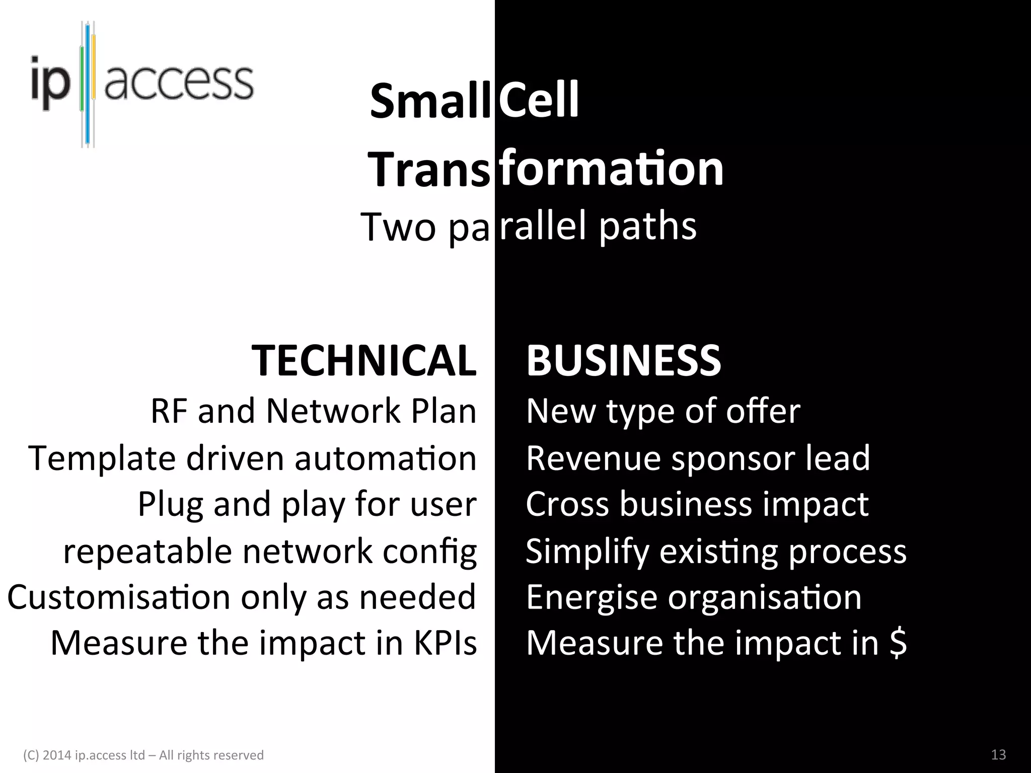 Small	
  Cell	
  
Trans	
  forma@on	
  

Two	
  pa	
  rallel	
  paths	
  

TECHNICAL	
   BUSINESS	
  

RF	
  and	
  Network	
  Plan	
  
Template	
  driven	
  automaKon	
  	
  
Plug	
  and	
  play	
  for	
  user	
  
repeatable	
  network	
  conﬁg	
  
CustomisaKon	
  only	
  as	
  needed	
  
Measure	
  the	
  impact	
  in	
  KPIs	
  
(C)	
  2014	
  ip.access	
  ltd	
  –	
  All	
  rights	
  reserved

	
  

	
  	
  

New	
  type	
  of	
  oﬀer	
  
Revenue	
  sponsor	
  lead	
  
Cross	
  business	
  impact	
  
Simplify	
  exisKng	
  process	
  
Energise	
  organisaKon	
  
Measure	
  the	
  impact	
  in	
  $	
  
13	
  

 