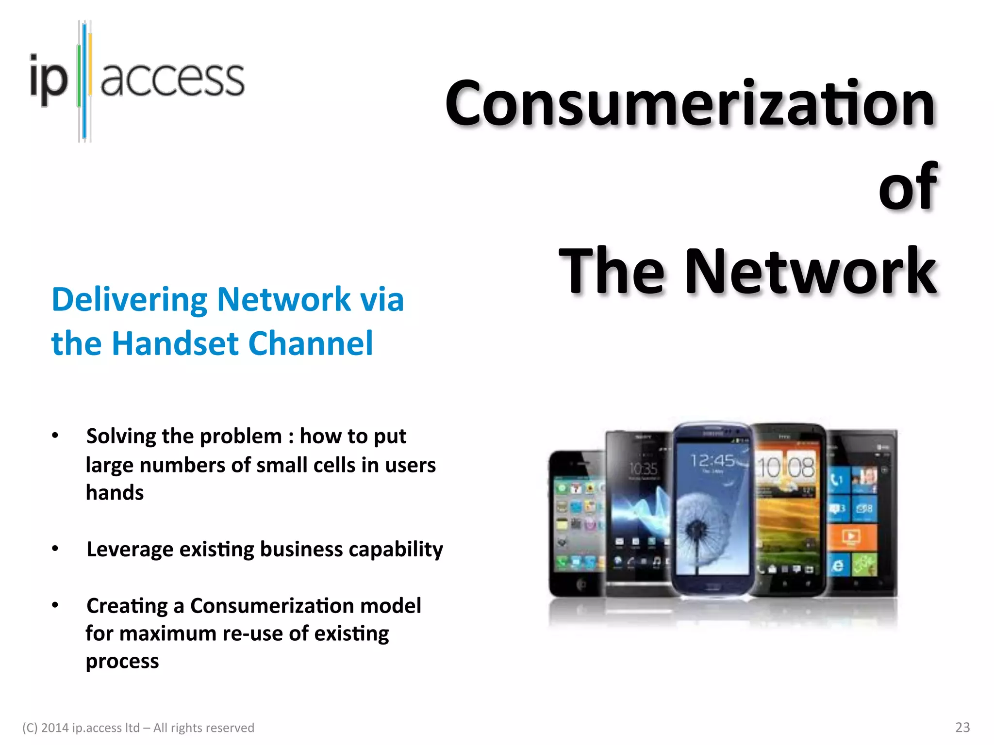 Consumeriza@on	
  
of	
  
The	
  Network	
  

Delivering	
  Network	
  via	
  
the	
  Handset	
  Channel	
  
	
  

• 

Solving	
  the	
  problem	
  :	
  how	
  to	
  put	
  
large	
  numbers	
  of	
  small	
  cells	
  in	
  users	
  
hands	
  

• 

Leverage	
  exis@ng	
  business	
  capability	
  

• 

Crea@ng	
  a	
  Consumeriza@on	
  model	
  
for	
  maximum	
  re-­‐use	
  of	
  exis@ng	
  
process	
  

(C)	
  2014	
  ip.access	
  ltd	
  –	
  All	
  rights	
  reserved

	
  

	
  	
  

23	
  

 