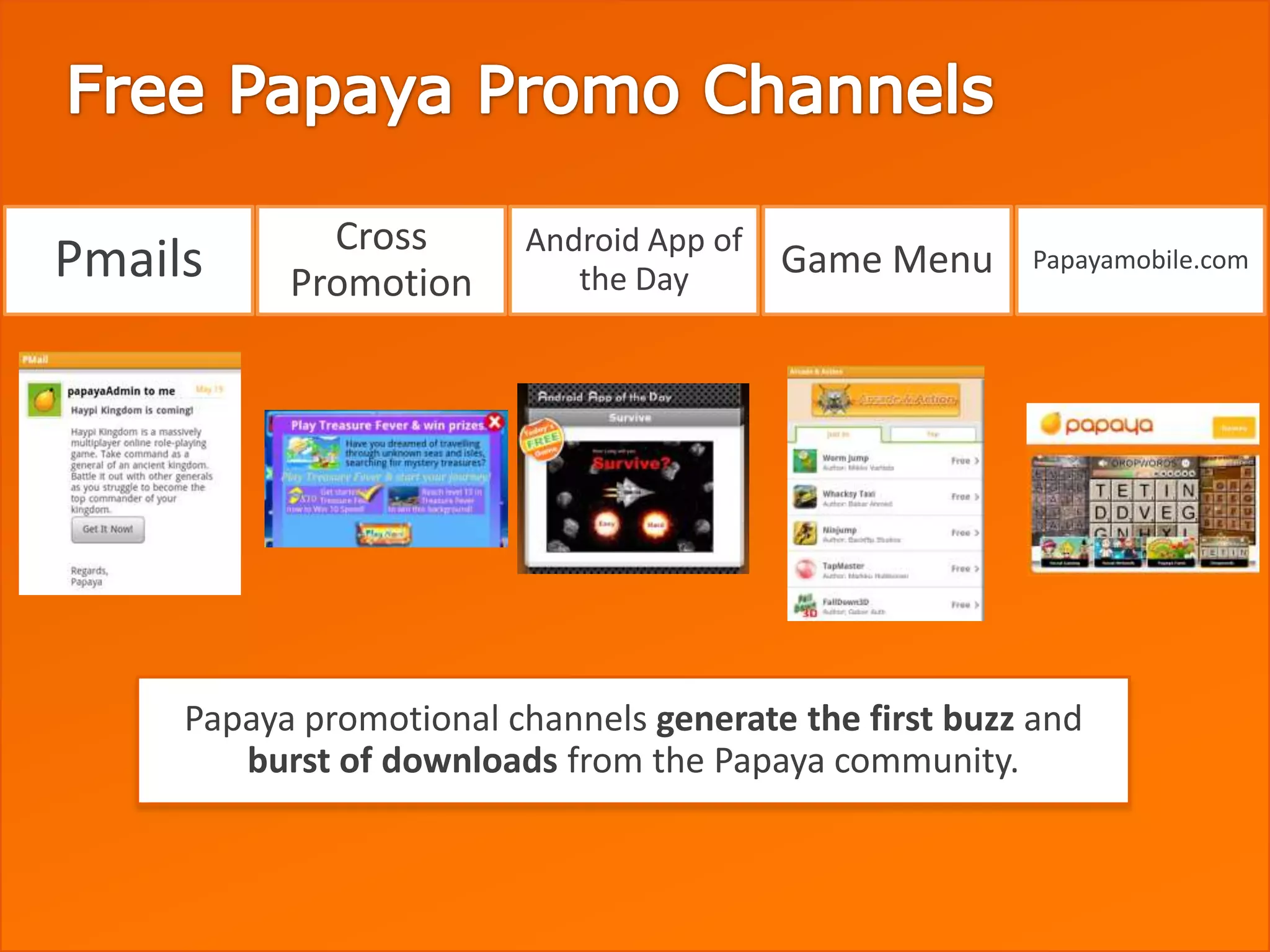 Cross       Android App of
Pmails     Promotion        the Day       Game Menu     Papayamobile.com




     Papaya promotional channels generate the first buzz and
        burst of downloads from the Papaya community.
 