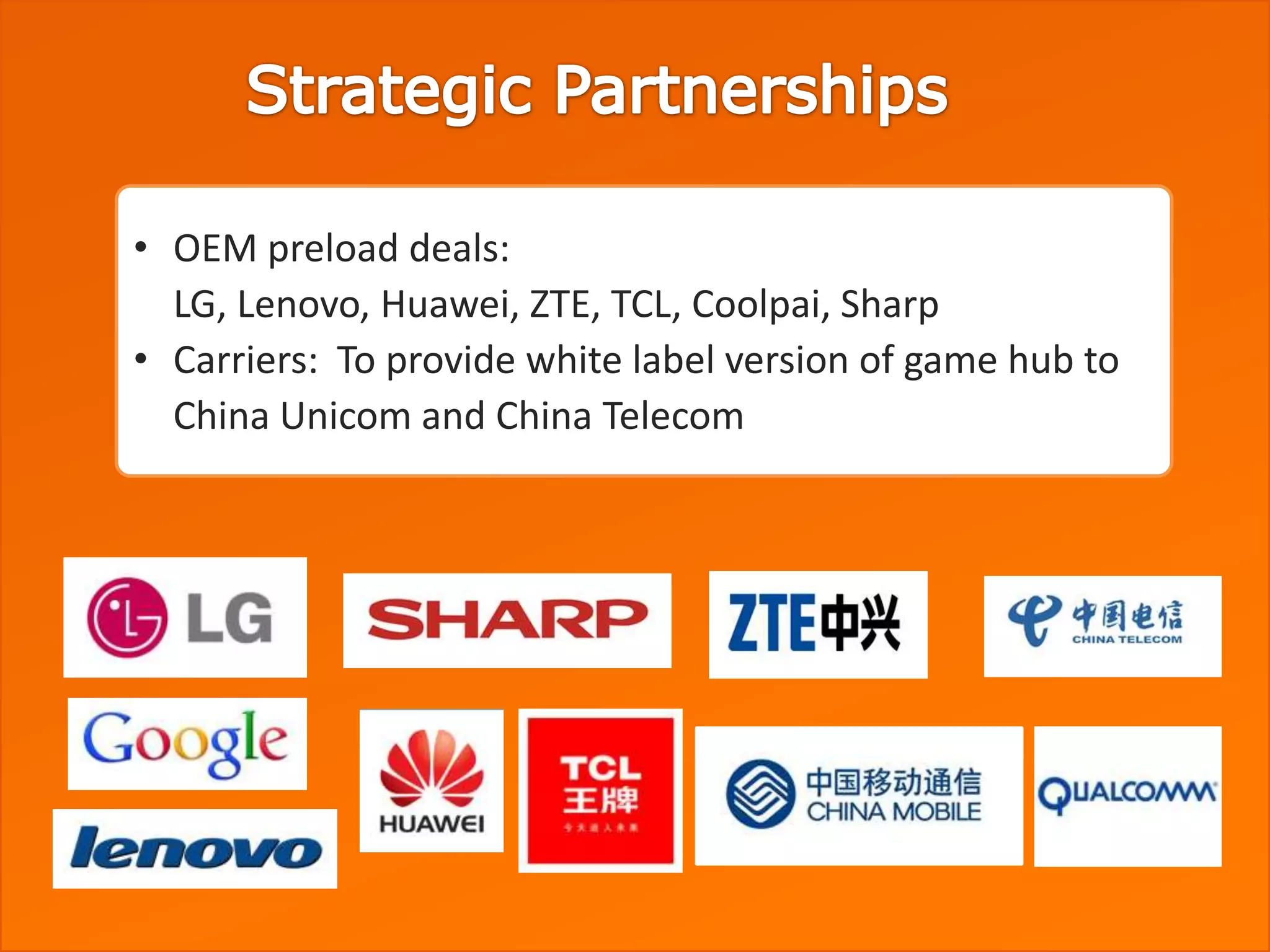 • OEM preload deals:
  LG, Lenovo, Huawei, ZTE, TCL, Coolpai, Sharp
• Carriers: To provide white label version of game hub to
  China Unicom and China Telecom
 