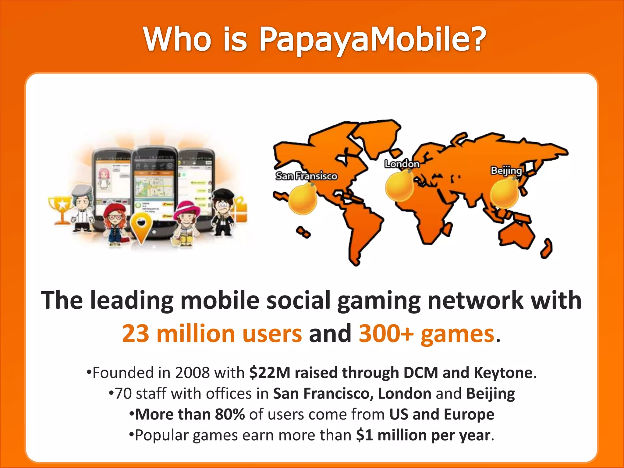 The leading mobile social gaming network with
       23 million users and 300+ games.
   •Founded in 2008 with $22M raised through DCM and Keytone.
      •70 staff with offices in San Francisco, London and Beijing
         •More than 80% of users come from US and Europe
         •Popular games earn more than $1 million per year.
 