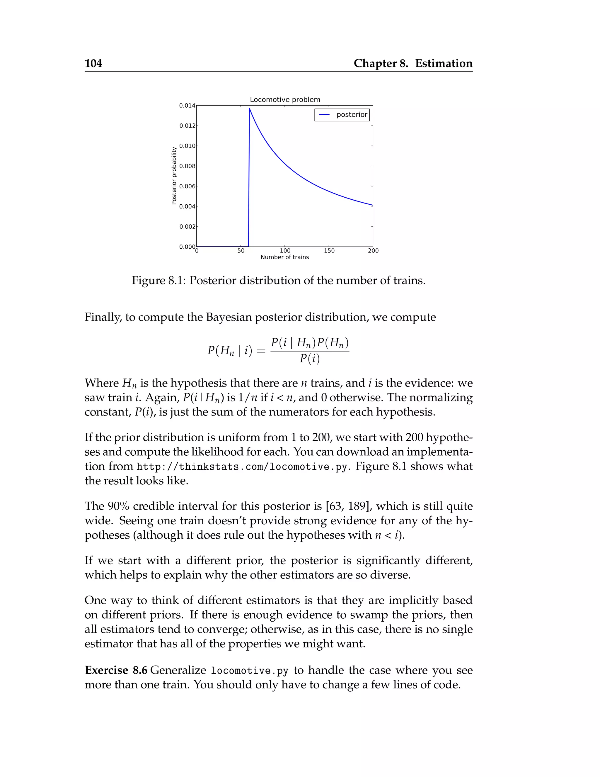 104 Chapter 8. Estimation
0 50 100 150 200
Number of trains
0.000
0.002
0.004
0.006
0.008
0.010
0.012
0.014
Posterior
probability
Locomotive problem
posterior
Figure 8.1: Posterior distribution of the number of trains.
Finally, to compute the Bayesian posterior distribution, we compute
P(Hn | i) =
P(i | Hn)P(Hn)
P(i)
Where Hn is the hypothesis that there are n trains, and i is the evidence: we
saw train i. Again, P(i|Hn) is 1/n if i  n, and 0 otherwise. The normalizing
constant, P(i), is just the sum of the numerators for each hypothesis.
If the prior distribution is uniform from 1 to 200, we start with 200 hypothe-
ses and compute the likelihood for each. You can download an implementa-
tion from http://thinkstats.com/locomotive.py. Figure 8.1 shows what
the result looks like.
The 90% credible interval for this posterior is [63, 189], which is still quite
wide. Seeing one train doesn’t provide strong evidence for any of the hy-
potheses (although it does rule out the hypotheses with n  i).
If we start with a different prior, the posterior is significantly different,
which helps to explain why the other estimators are so diverse.
One way to think of different estimators is that they are implicitly based
on different priors. If there is enough evidence to swamp the priors, then
all estimators tend to converge; otherwise, as in this case, there is no single
estimator that has all of the properties we might want.
Exercise 8.6 Generalize locomotive.py to handle the case where you see
more than one train. You should only have to change a few lines of code.
 