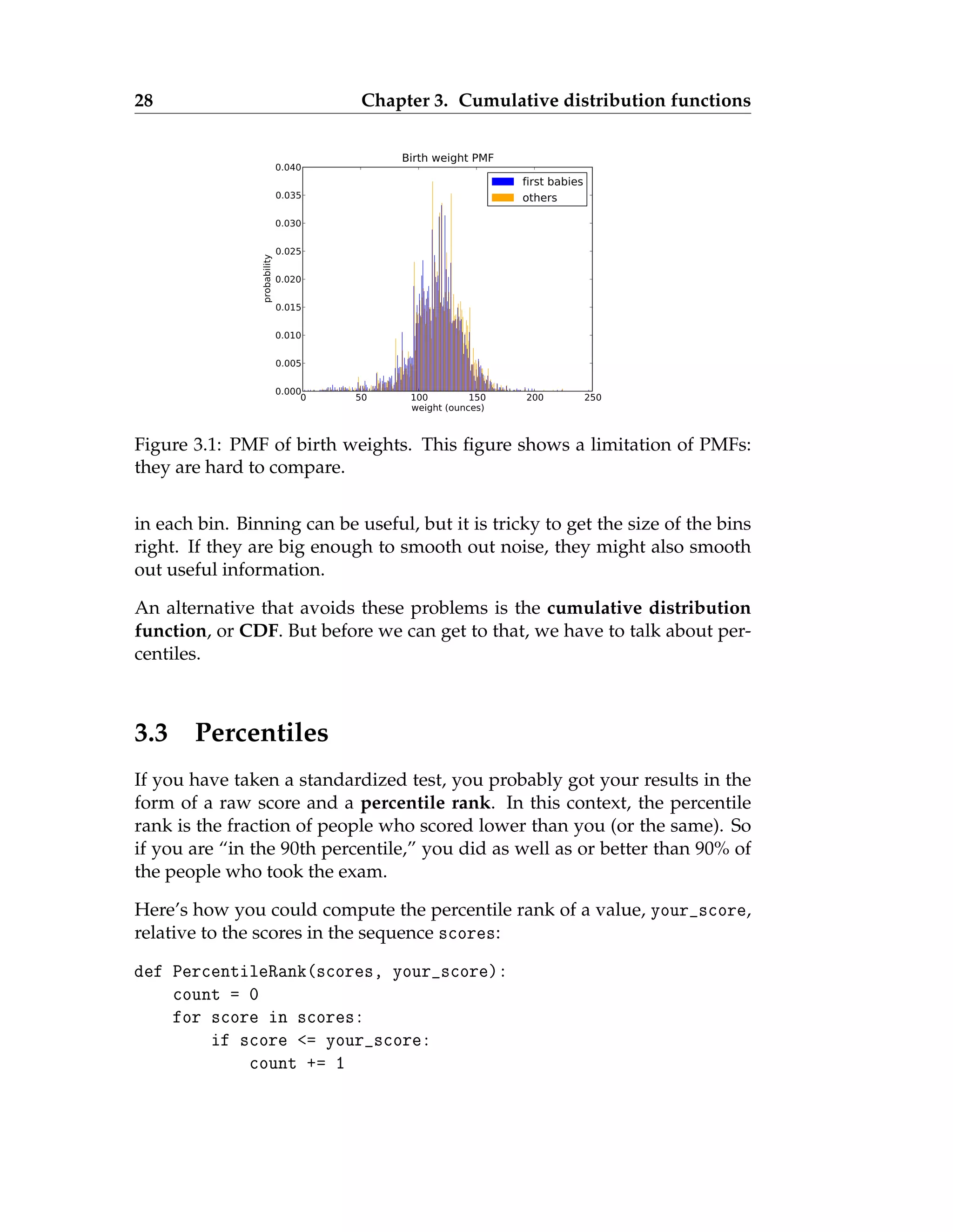 28 Chapter 3. Cumulative distribution functions
0 50 100 150 200 250
weight (ounces)
0.000
0.005
0.010
0.015
0.020
0.025
0.030
0.035
0.040
probability
Birth weight PMF
first babies
others
Figure 3.1: PMF of birth weights. This figure shows a limitation of PMFs:
they are hard to compare.
in each bin. Binning can be useful, but it is tricky to get the size of the bins
right. If they are big enough to smooth out noise, they might also smooth
out useful information.
An alternative that avoids these problems is the cumulative distribution
function, or CDF. But before we can get to that, we have to talk about per-
centiles.
3.3 Percentiles
If you have taken a standardized test, you probably got your results in the
form of a raw score and a percentile rank. In this context, the percentile
rank is the fraction of people who scored lower than you (or the same). So
if you are “in the 90th percentile,” you did as well as or better than 90% of
the people who took the exam.
Here’s how you could compute the percentile rank of a value, your_score,
relative to the scores in the sequence scores:
def PercentileRank(scores, your_score):
count = 0
for score in scores:
if score <= your_score:
count += 1
 