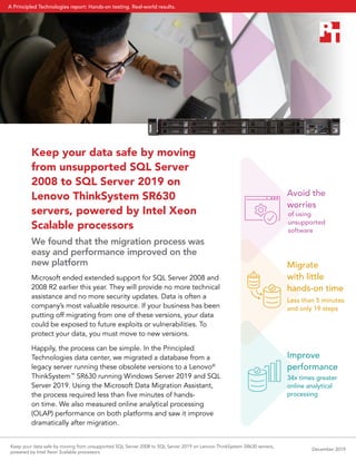 Keep your data safe by moving
from unsupported SQL Server
2008 to SQL Server 2019 on
Lenovo ThinkSystem SR630
servers, powered by Intel Xeon
Scalable processors
We found that the migration process was
easy and performance improved on the
new platform
Microsoft ended extended support for SQL Server 2008 and
2008 R2 earlier this year. They will provide no more technical
assistance and no more security updates. Data is often a
company’s most valuable resource. If your business has been
putting off migrating from one of these versions, your data
could be exposed to future exploits or vulnerabilities. To
protect your data, you must move to new versions.
Happily, the process can be simple. In the Principled
Technologies data center, we migrated a database from a
legacy server running these obsolete versions to a Lenovo®
ThinkSystem™
SR630 running Windows Server 2019 and SQL
Server 2019. Using the Microsoft Data Migration Assistant,
the process required less than five minutes of hands-
on time. We also measured online analytical processing
(OLAP) performance on both platforms and saw it improve
dramatically after migration.
of using
unsupported
software
Migrate
with little
hands‑on time
Less than 5 minutes
and only 19 steps
34x times greater
online analytical
processing
Avoid the
worries
Improve
performance
Keep your data safe by moving from unsupported SQL Server 2008 to SQL Server 2019 on Lenovo ThinkSystem SR630 servers,
powered by Intel Xeon Scalable processors
December 2019
A Principled Technologies report: Hands-on testing. Real-world results.
 