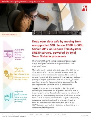 Executive summary
Keep your data safe by moving from
unsupported SQL Server 2008 to SQL
Server 2019 on Lenovo ThinkSystem
SR630 servers, powered by Intel
Xeon Scalable processors
We found that the migration process was
easy and performance improved on the
new platform
Microsoft recently ended extended support for SQL Server
2008 and 2008 R2. They will provide no more technical
assistance and no more security updates. Data is often a
company’s most valuable resource. If your business has been
putting off migrating from one of these versions, your data
could be exposed to future exploits or vulnerabilities. To
protect your data, you must move to new versions.
Happily, the process can be simple. In the Principled
Technologies data center, we migrated a database from a
legacy server running these obsolete versions to a Lenovo®
ThinkSystem™
SR630 running Windows Server 2019 and SQL
Server 2019. Using the Microsoft Data Migration Assistant,
the process required less than five minutes of hands‑on
time. We also measured online analytical processing
(OLAP) performance on both platforms and saw it improve
dramatically after migration.
of using
unsupported
software
Migrate
with little
hands‑on time
Less than 5 minutes
and only 19 steps
34x times greater
online analytical
processing
Avoid the
worries
Improve
performance
February 2020
Keep your data safe by moving from unsupported SQL Server 2008 to SQL Server 2019 on Lenovo ThinkSystem SR630 servers,
powered by Intel Xeon Scalable processors
A Principled Technologies report: Hands-on testing. Real-world results.A Principled Technologies report: Hands-on testing. Real-world results.
 