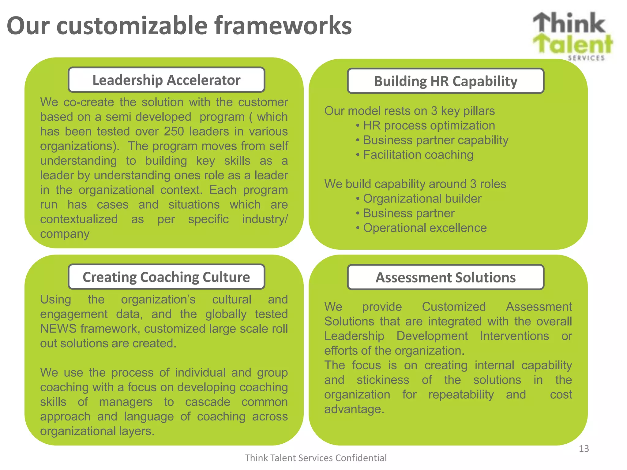 Our customizable frameworks
           Leadership Accelerator                                    Building HR Capability
  We co-create the solution with the customer
  based on a semi developed program ( which              Our model rests on 3 key pillars
  has been tested over 250 leaders in various                 • HR process optimization
  organizations). The program moves from self                 • Business partner capability
  understanding to building key skills as a                   • Facilitation coaching
  leader by understanding ones role as a leader
  in the organizational context. Each program            We build capability around 3 roles
  run has cases and situations which are                     • Organizational builder
  contextualized as per specific industry/                   • Business partner
  company                                                    • Operational excellence



         Creating Coaching Culture                                    Assessment Solutions
  Using the organization’s cultural and
                                                         We      provide    Customized     Assessment
  engagement data, and the globally tested
                                                         Solutions that are integrated with the overall
  NEWS framework, customized large scale roll
                                                         Leadership Development Interventions or
  out solutions are created.
                                                         efforts of the organization.
                                                         The focus is on creating internal capability
  We use the process of individual and group
                                                         and stickiness of the solutions in the
  coaching with a focus on developing coaching
                                                         organization for repeatability and       cost
  skills of managers to cascade common
                                                         advantage.
  approach and language of coaching across
  organizational layers.
                                                                                                          13
                                       Think Talent Services Confidential
 