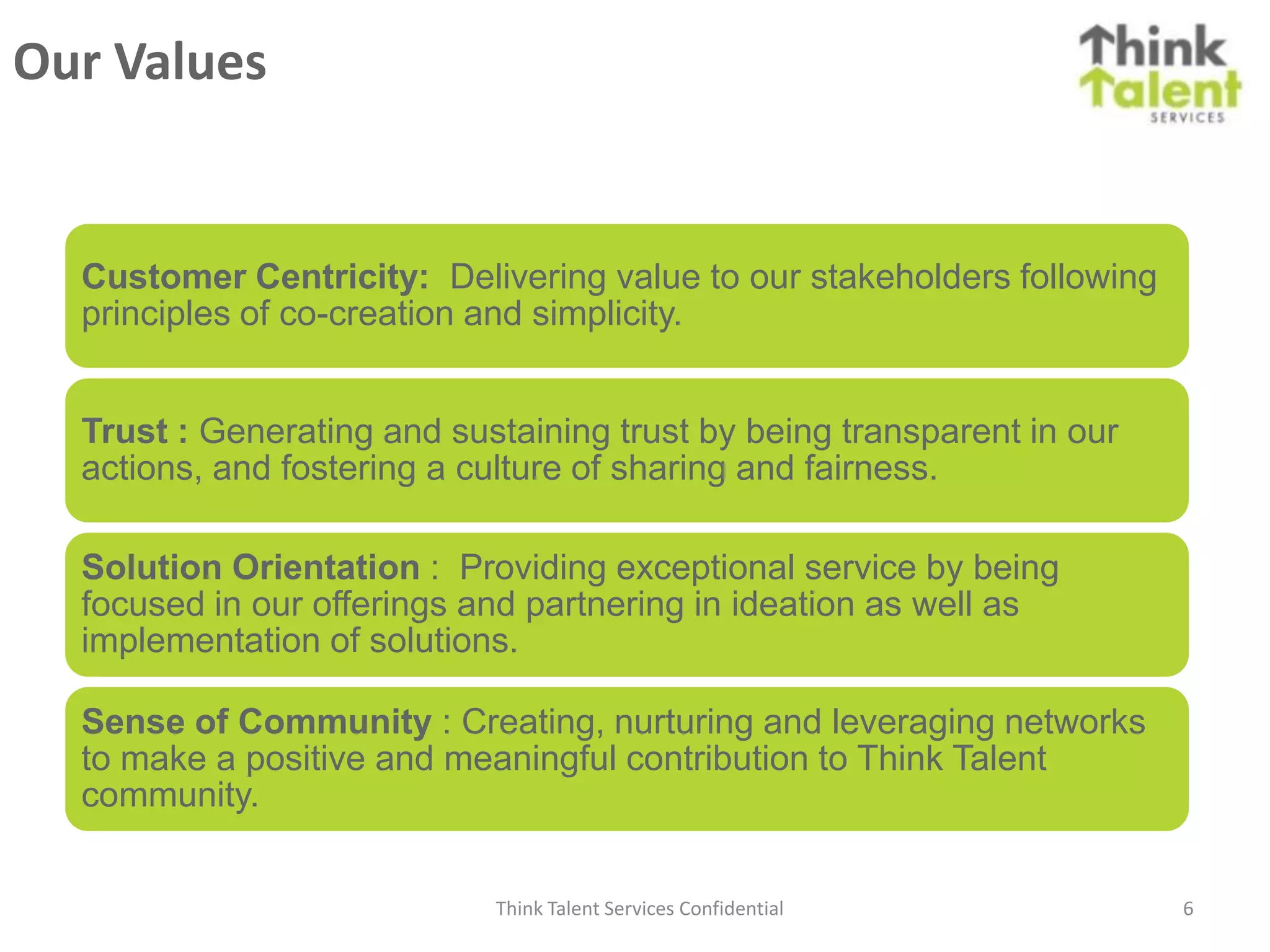 Our Values


  Customer Centricity: Delivering value to our stakeholders following
  principles of co-creation and simplicity.


  Trust : Generating and sustaining trust by being transparent in our
  actions, and fostering a culture of sharing and fairness.

  Solution Orientation : Providing exceptional service by being
  focused in our offerings and partnering in ideation as well as
  implementation of solutions.

  Sense of Community : Creating, nurturing and leveraging networks
  to make a positive and meaningful contribution to Think Talent
  community.


                            Think Talent Services Confidential          6
 