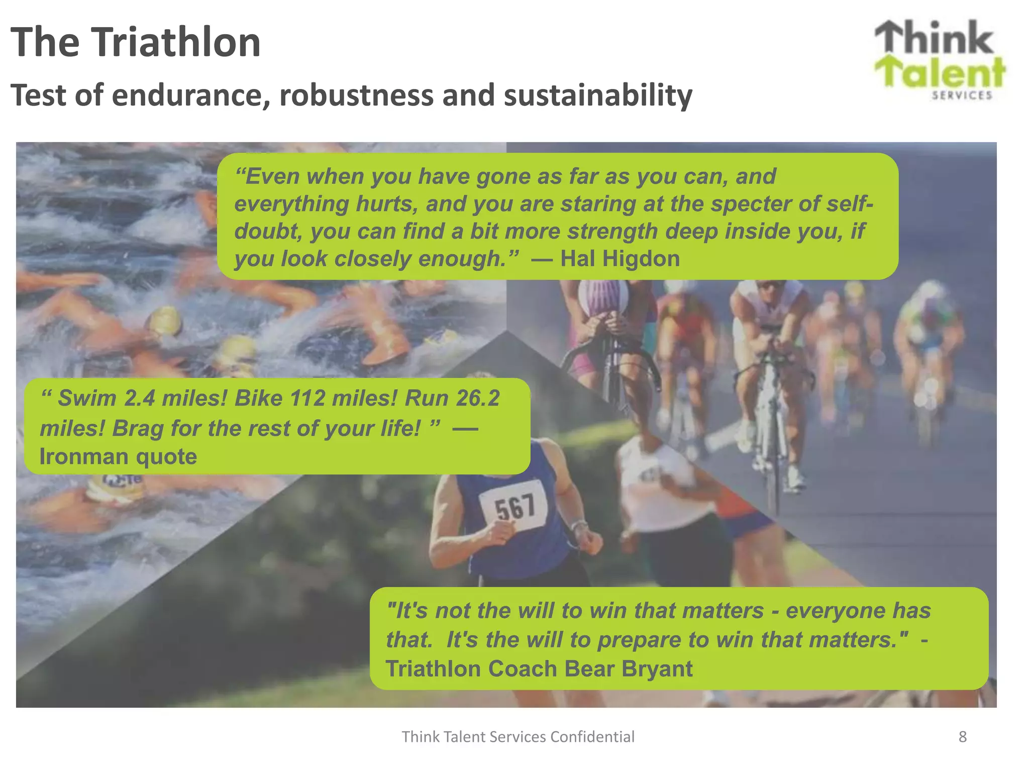 The Triathlon
Test of endurance, robustness and sustainability

                   “Even when you have gone as far as you can, and
                   everything hurts, and you are staring at the specter of self-
                   doubt, you can find a bit more strength deep inside you, if
                   you look closely enough.” ― Hal Higdon




  “ Swim 2.4 miles! Bike 112 miles! Run 26.2
  miles! Brag for the rest of your life! ” —
  Ironman quote




                                 "It's not the will to win that matters - everyone has
                                 that. It's the will to prepare to win that matters." -
                                 Triathlon Coach Bear Bryant

                                   Think Talent Services Confidential                     8
 