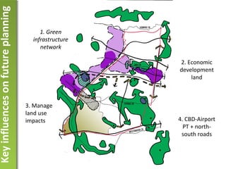 KeyinfluencesonfutureplanningKeyinfluencesonfutureplanning
1. Green
infrastructure
network
2. Economic
development
land
3. Manage
land use
impacts 4. CBD-Airport
PT + north-
south roads
 