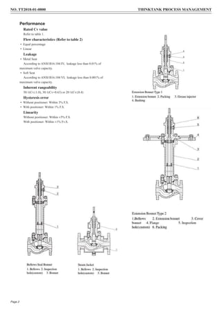 Performance
Rated Cv value
Refer to table 1.
Flow characteristics (Refer to table 2)
• Equal percentage
• Linear
Leakage
• Metal Seat
According to ANSI B16.104 IV, leakage less than 0.01% of
maximum valve capacity.
• Soft Seat
According to ANSI B16.104 VI, leakage less than 0.001% of
maximum valve capacity.
Inherent rangeability
50:1(Cv≥1.0), 30:1(Cv=0.63) or 20:1(Cv≤0.4)
Hysteresis error
• Without positioner: Within 3% F.S.
• With positioner: Within 1% F.S.
Linearity
Without positioner: Within ±5% F.S.
With positioner: Within ±1% Fv.S.
NO. TT2018-01-0800 THINKTANK PROCESS MANAGEMENT
Page 2
 
