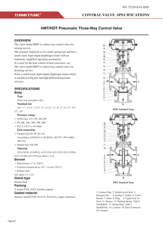 NO. TT2018-01-0805
HMT/HDT Pneumatic Three-Way Control Valve
OVERVIEW
The valve model HMT is a three-way control valve for
mixing service.
The actuator employed is of a multi-spring type and has a
small-sized, high-output diaphragm motor with an
extremely simplified operating mechanism.
It is used for the heat control of heat converters, etc.
The valve model HDT is a three-way control valve for
diverting service.
It has a small-sized, high-output diaphragm motor which
is suitable for big port and high differential pressure
services.
SPECIFICATIONS
Body
Type
Three-way cast globe valve
Nominal size
3/4’’, 1’’, 1-1/4’’, 1-1/2’’, 2’’, 2-1/2’’, 3’’, 4’’, 5’’, 6’’, 8’’, 10’’,
12’’, 14’’
Pressure rating
• ANSI Class 125, 150, 300, 600
• JIS 10K, 16K, 20K, 30K, 40K
• PN1.6, 4.0, 6.4, 10.0 Mpa
End connection
• Flanged End: FF, RF, RJ, LG
According to ANSI B16.5, JIS B2201, JB/T79.1 PN1.6MPa,
JB/T79.2
• Welded End: SW, BW
Material
A216 WCB, A216WC6, A352 LCB, A351 CF8, A351 CF8M,
A351 CF3M, A351 CF3(see table3-1,3-2)
Bonnet
• Plain bonnet (-17 to 230°C)
• Extension bonnet(-60 to -29 ℃ or over 230°C)
• Bellows Seal
(see figure 2-1, 2-2)
Gland type
Bolted Gland
Packing
V shaped PTFE, PTFE, Flexible graphite
Gasket material
Stainless steel(SUS304, SUS316, SUS316L), copper, aluminum
1. Connect Pipe 2. Double-screw Bolt 3.
Hexagon Nut 4. Sealing 5. Gasket 6. Lower
Bonnet 7. Body 8. Plug 9. Upper Seat 10.
Stem 11. Bonnet 12. Packing Spring 13&14.
Nuts&Bolts 15. Spring Plate 16&17.
Studs&Nuts 18. Locknut 19. Stem Connector
20. Actuator
HMT Standard Type
HDT Standard Type
Page 52
 