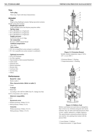 Trim
Valve plug
Three-way, V-port with linear characteristics
Actuator
Type
Single-acting diaphragm actuator, Spring type piston actuator,
Double acting piton actuator
Diaphragm material
Cloth embedded nylon and ethylene propylene rubber
Spring range
• 20 to 100 kPa(0.2 to 1.0 kgf/cm2)
• 40 to 200 kPa(0.4 to 2.0 kgf/cm2)
• 80 to 240 kPa(0.8 to 2.4 kgf/cm2)
Supply pressure
0.14, 0.25, 0.28, 0.4, 0.5 Mpa
Air connection
Rc1/4 or 1/4NPT internal thread
Ambient temperature
-30 to 70°C
Valve action
• FO: Air to close(Direct action actuator is combined.)
• FC: Air to open(Reverse action actuator is combined.)
Optional accessories
• P/P or I/P Positioner
• Air filter regulator
• Top-mounted or Side-mounted Handwheel
• Limit switch
• Solenoid valve
• Motion transmitter
• Booster relay
• Lock-up valve
• Air lock relay
• Others
Performance
Rated Kv value
Refer to table 1.
Flow characteristics (Refer to table 2)
• Linear
Leakage
• Metal Seat
According to IEC 60534-4:2006 Class IV, leakage less than
0.01% of maximum valve capacity.
Inherent rangeability
• 30:1
Hysteresis error
• Without positioner: Within 3% F.S.
• With positioner: Within 1% F.S.
Linearity
Without positioner: Within ±5% F.S.
With positioner: Within ±1% F.S.
Figure 2-1 Extension Bonnet
Suitable medium temperature range of -60 to
-29℃ or over 200℃）
1.Extension Bonnet 2. Packing
3. Inspection(custom) 4. Bushing
Figure 2-2 Bellows Seal
Bellows seal bonnets are used when no leakage(less
than 1x10-6 cc/sec of helium) along the stem can be
tolerated. They are often used when the process fluid
is toxic, volatile, radioactive, or highly expensive.
This special bonnet construction protects both the
stem and the valve packing from contact with the
process fluid.
1. Lower Bonnet 2. Bellows
3. Inspection(custom) 4. Upper Bonnet
NO. TT2018-01-0805 THINKTANK PROCESS MANAGEMENT
Page 53
 