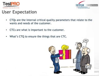 • CTQs are the internal critical quality parameters that relate to the
wants and needs of the customer.
• CTCs are what is important to the customer.
• What’s CTQ to ensure the things that are CTC.
User Expectation
 