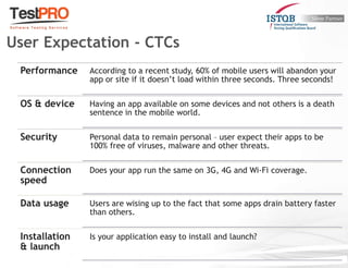 Performance According to a recent study, 60% of mobile users will abandon your
app or site if it doesn’t load within three seconds. Three seconds!
OS & device Having an app available on some devices and not others is a death
sentence in the mobile world.
Security Personal data to remain personal – user expect their apps to be
100% free of viruses, malware and other threats.
Connection
speed
Does your app run the same on 3G, 4G and Wi-Fi coverage.
Data usage Users are wising up to the fact that some apps drain battery faster
than others.
Installation
& launch
Is your application easy to install and launch?
User Expectation - CTCs
 
