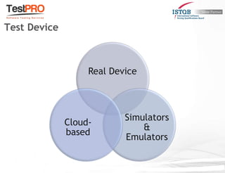 Real Device
Simulators
&
Emulators
Cloud-
based
Test Device
 