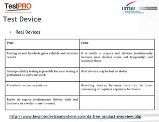 • Real Devices
http://www.keynotedeviceanywhere.com/da-free-product-overview.php
Test Device
 