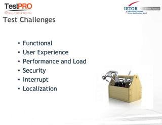 • Functional
• User Experience
• Performance and Load
• Security
• Interrupt
• Localization
Test Challenges
 