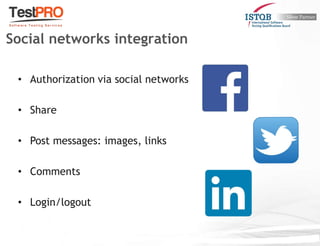 • Authorization via social networks
• Share
• Post messages: images, links
• Comments
• Login/logout
Social networks integration
 