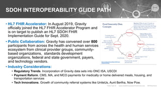 SDOH INTEROPERABILITY GLIDE PATH
• HL7 FHIR Accelerator: In August 2019, Gravity
officially joined the HL7 FHIR Accelerato...