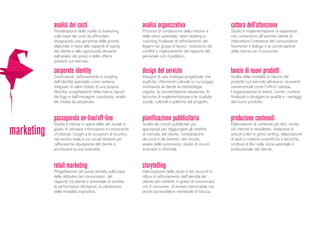 design del servizio
Disegno di una strategia progettuale che
esplicita i riferimenti culturali su cui poggia
mostrando al cliente la metodologia
seguita, la strumentazione adoperata, le
tecniche di implementazione e le ricadute
sociali, culturali e politiche del progetto.
analisi dei costi
Ponderazione delle scelte di marketing
sulla base dei costi da affrontare,
disegnando una gerarchia delle priorità
elaborate in base alla capacità di spesa
del cliente e alle opportunità derivanti
dall’analisi dei prezzi e delle offerte
presenti sul mercato.
analisi organizzativa
Processi di condivisione della mission e
della vision aziendale, team building e
coaching finalizzati al rafforzamento dei
legami nei gruppi di lavoro, risoluzione dei
conflitti e miglioramento del rapporto del
personale con il pubblico.
corporate identity
Costruzione, rafforzamento e restyling
dell’identità aziendale come sistema
integrato di valori dotato di una propria
filosofia, progettazione della marca, layout
del logo e dell’immagine coordinata, analisi
dei media da adoperare.
cattura dell’attenzione
Studio e implementazione di esperienze
che consentono all’azienda cliente di
intercettare l’interesse del consumatore
favorendo il dialogo e la conversazione
della marca con il consumer.
lancio di nuovi prodotti
Scelta delle modalità di rilascio del
prodotto sul mercato attraverso strumenti
convenzionali come l’ufficio stampa,
l’organizzazione di eventi, corner, contest
finalizzati a divulgare le qualità e i vantaggi
del nuovo prodotto.
passaparola on-line/off-line
Studio e messa in opera delle reti sociali in
grado di veicolare informazioni e conoscenze
sfruttando i luoghi e le occasioni di incontro
nel mondo reale e sui social network per
rafforzare la reputazione del cliente e
accrescere la sua notorietà.
pianificazione pubblicitaria
Scelta dei circuiti pubblicitari più
appropriati per raggiungere gli obiettivi
di mercato del cliente, comparazione
dei costi e dei benefici del circuito,
analisi delle promozioni, studio di circuiti
innovativi e informali.
produzione contenuti
Elaborazione di contenuti per libri, riviste,
siti internet e newsletter, redazione di
articoli e libri in ghost writing, elaborazione
di testi in materie scientifiche e tecniche,
scrittura di libri sulla storia aziendale e
professionale del cliente.
retail marketing
Progettazione del punto vendita sulla base
delle attitudini dei consumatori, del
rapporto tra cliente e personale di vendita,
la performance del layout, la valutazione
delle modalità espositive.
storytelling
Valorizzazione delle storie e dei racconti in
ottica di rafforzamento dell’identità del
cliente per metterlo in grado di comunicare
con il consumer, di essere memorabile ma
anche accessibile e meritevole di fiducia.
marketing
 