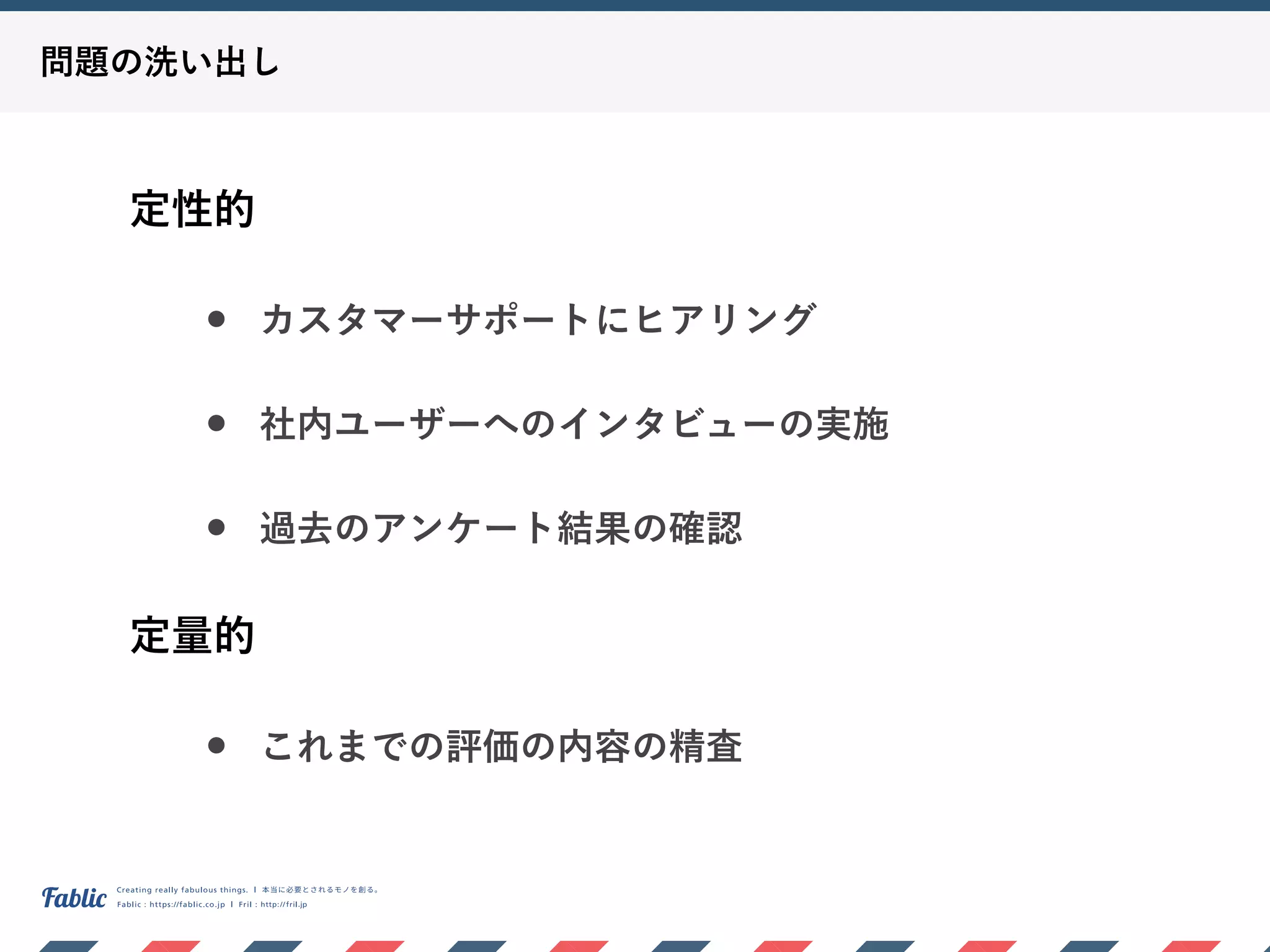 問題の洗い出し
定性的
• カスタマーサポートにヒアリング
• 社内ユーザーへのインタビューの実施
• 過去のアンケート結果の確認
定量的
• これまでの評価の内容の精査
 