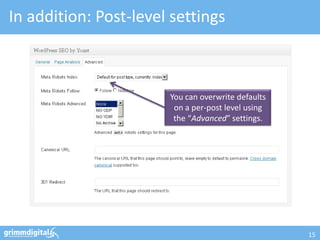 In addition: Post-level settings



                       You can overwrite defaults
                        on a per-post level using
                        the “Advanced” settings.




                                                    15
 