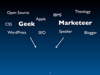 Open Source                           Theology
                          IBMS
              Apple
CSS   Geek                  Marketeer
 WordPress     SEO          Speaker       Blogger




                      2
 