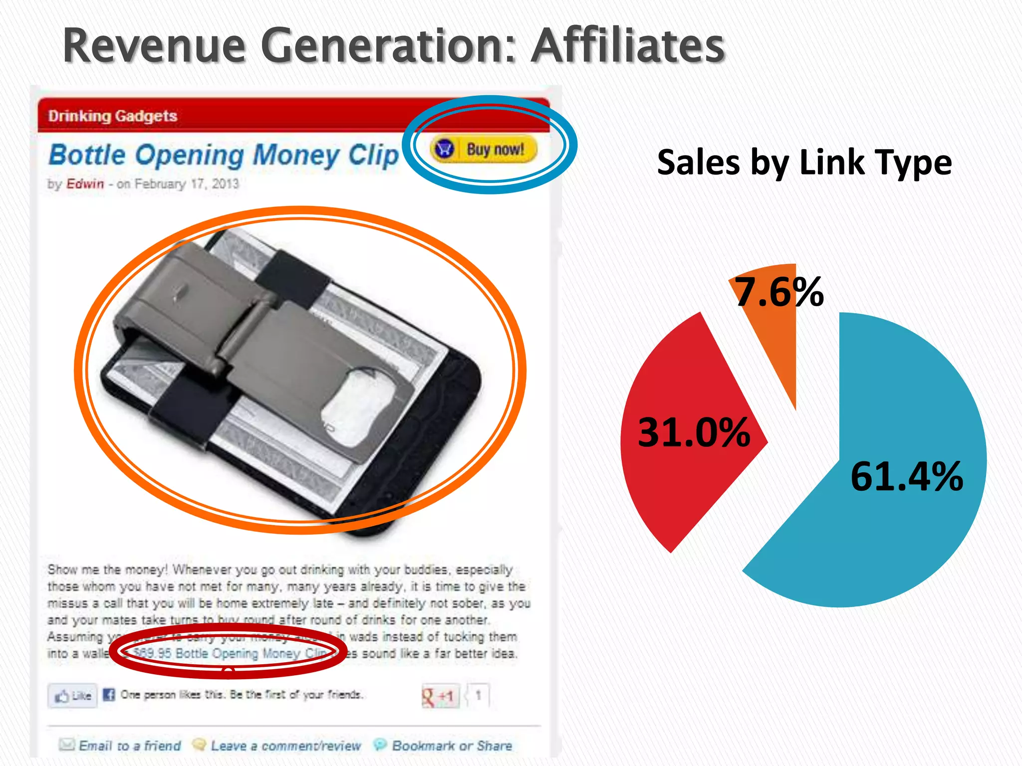 Revenue Generation: Affiliates

                          Sales by Link Type


                                 7.6%


                         31.0%
                                        61.4%
 