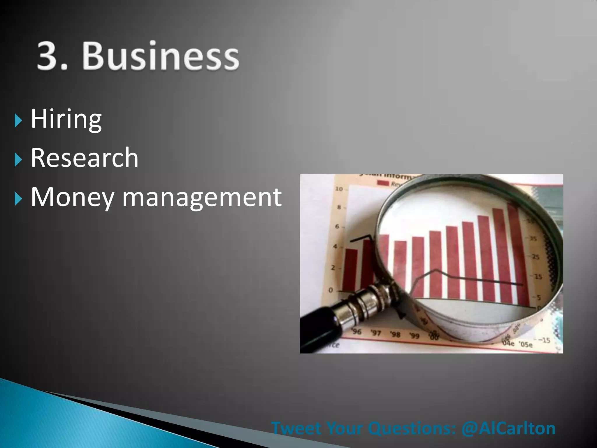  Hiring
 Research
 Money    management




                    Tweet Your Questions: @AlCarlton
 