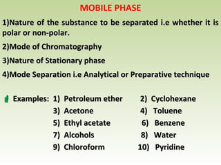 MOBILE PHASE
1)1)Nature of the substance to be separated i.e whether it isNature of the substance to be separated i.e whether it is
polar or non-polar.polar or non-polar.
2)2)Mode of ChromatographyMode of Chromatography
3)3)Nature of Stationary phaseNature of Stationary phase
4)4)Mode Separation i.e Analytical or Preparative techniqueMode Separation i.e Analytical or Preparative technique
 Examples: 1) Petroleum ether 2) CyclohexaneExamples: 1) Petroleum ether 2) Cyclohexane
3) Acetone 4) Toluene3) Acetone 4) Toluene
5) Ethyl acetate 6) Benzene5) Ethyl acetate 6) Benzene
7) Alcohols 8) Water7) Alcohols 8) Water
9) Chloroform 10) Pyridine9) Chloroform 10) Pyridine
 