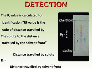 The RThe Rff value is calculated forvalue is calculated for
identification "Rfidentification "Rf value is thevalue is the
ratio of distance travelled byratio of distance travelled by
The solute to the distanceThe solute to the distance
travelled by the solvent front”travelled by the solvent front”
Distance travelled by soluteDistance travelled by solute
RRff ==
Distance travelled by solvent frontDistance travelled by solvent front
DETECTIONDETECTION
 