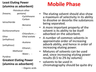 Mobile Phase
• The eluting solvent should also show
a maximum of selectivity in its ability
to dissolve or desorbs the substances
being separated.
• A more important property of the
solvent is its ability to be itself
adsorbed on the adsorbent.
• A number of common solvents in
approximate order of increasing
adsorb ability, and hence in order of
increasing eluting power.
• Mixtures of solvents can be used
and, since increasing eluting power
results (0.5 to 2% by volume)
• solvents to be used in
chromatography should be quite dry
Least Eluting Power
(alumina as adsorbent)
-Petroleum ether
(hexane; pentane)
-Cyclohexane
-Carbon
tetrachloride
-Benzene
-
Dichloromethane
-Chloroform ; -
Ether -Ethyl acetate
(anhydrous)
-Acetone
(anhydrous)
-Ethanol ;
-Methanol
-Water ; -
Pyridine
Greatest Eluting Power
(alumina as adsorbent)
- Organic acids
 