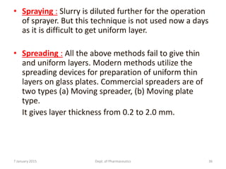 • Spraying : Slurry is diluted further for the operation
of sprayer. But this technique is not used now a days
as it is difficult to get uniform layer.
• Spreading : All the above methods fail to give thin
and uniform layers. Modern methods utilize the
spreading devices for preparation of uniform thin
layers on glass plates. Commercial spreaders are of
two types (a) Moving spreader, (b) Moving plate
type.
It gives layer thickness from 0.2 to 2.0 mm.
7 January 2015 Dept. of Pharmaceutics 36
 