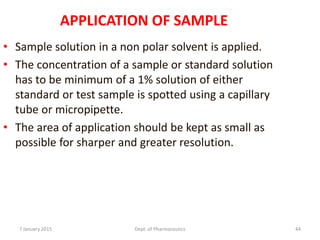 7 January 2015 Dept. of Pharmaceutics 44
APPLICATION OF SAMPLE
• Sample solution in a non polar solvent is applied.
• The concentration of a sample or standard solution
has to be minimum of a 1% solution of either
standard or test sample is spotted using a capillary
tube or micropipette.
• The area of application should be kept as small as
possible for sharper and greater resolution.
 