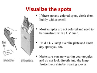 Visualize the spots
• If there are any colored spots, circle them
lightly with a pencil.
• Most samples are not colored and need to
be visualized with a UV lamp.
• Hold a UV lamp over the plate and circle
any spots you see.
• Make sure you are wearing your goggles
and do not look directly into the lamp.
Protect your skin by wearing gloves
 