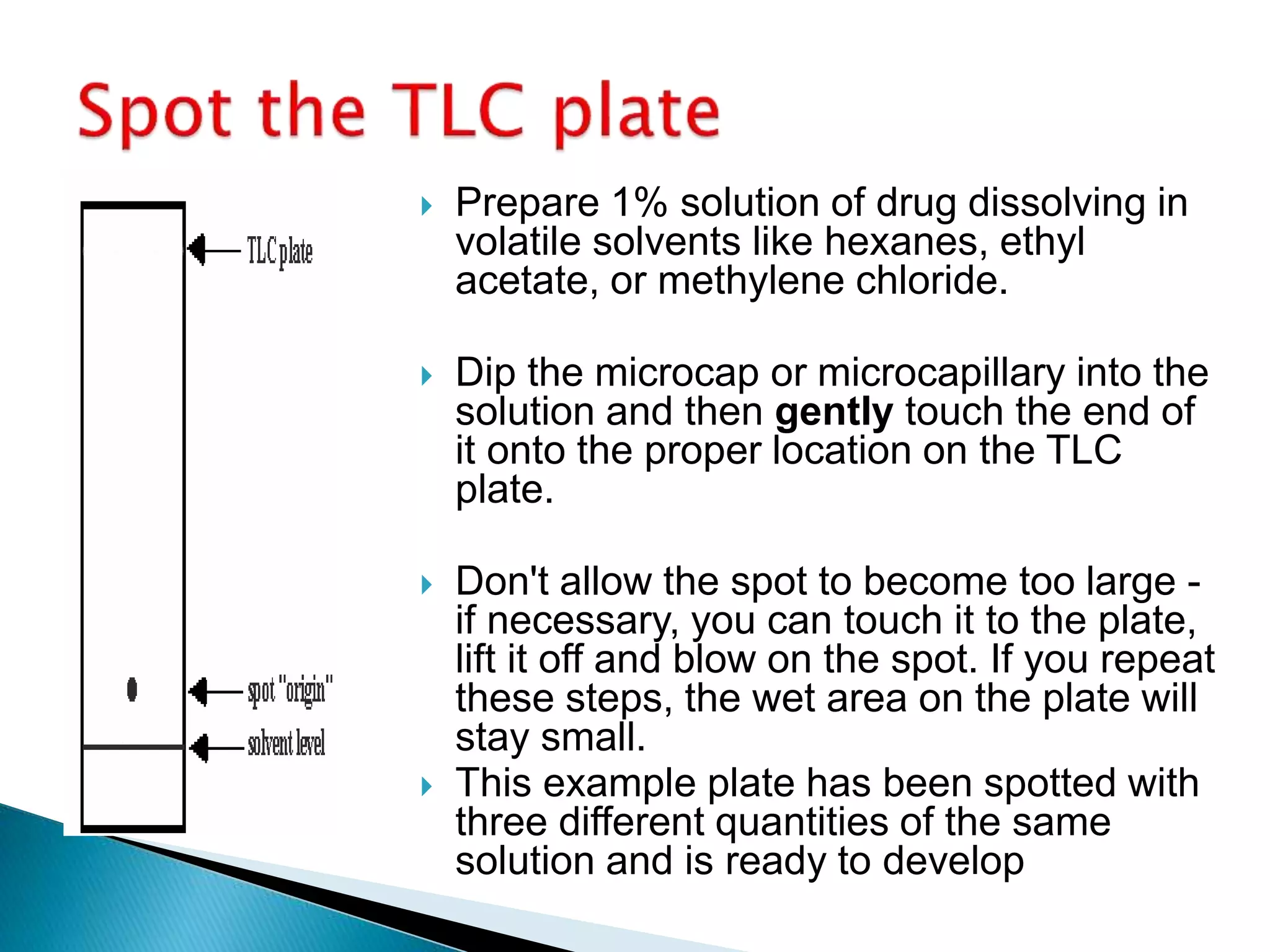  Prepare 1% solution of drug dissolving in
volatile solvents like hexanes, ethyl
acetate, or methylene chloride.
 Dip the microcap or microcapillary into the
solution and then gently touch the end of
it onto the proper location on the TLC
plate.
 Don't allow the spot to become too large -
if necessary, you can touch it to the plate,
lift it off and blow on the spot. If you repeat
these steps, the wet area on the plate will
stay small.
 This example plate has been spotted with
three different quantities of the same
solution and is ready to develop
 