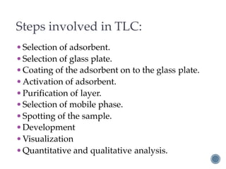 Steps involved in TLC:
•Selection of adsorbent.
•Selection of glass plate.
•Coating of the adsorbent on to the glass plate.
•Activation of adsorbent.
•Purification of layer.
•Selection of mobile phase.
•Spotting of the sample.
•Development
•Visualization
•Quantitative and qualitative analysis.
 