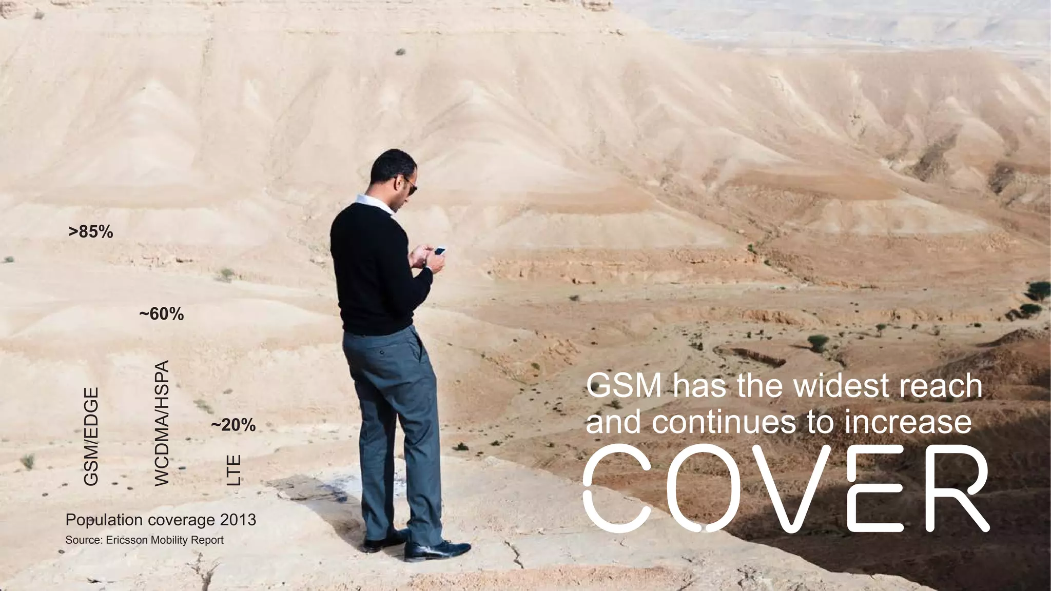 Ericsson Thin Layer GSM | Ericsson Confidential | 26/221 09-FGB 101 097 Uen, Rev A1 | 2014-11-07 | Page 5
GSM has the widest reach
and continues to increase
COVERPopulation coverage 2013
GSM/EDGE
WCDMA/HSPA
~60%
LTE
~20%
>85%
Source: Ericsson Mobility Report
 