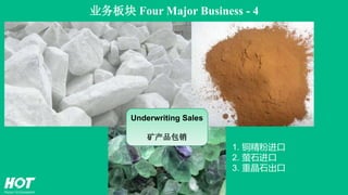 业务板块 Four Major Business - 4
Underwriting Sales
矿产品包销
1. 铜精粉进口
2. 萤石进口
3. 重晶石出口
 