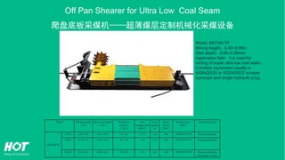 Off Pan Shearer for Ultra Low Coal Seam
爬盘底板采煤机——超薄煤层定制机械化采煤设备
Model: MG100-TP
Mining height：0.50~0.95m
Web depth：0.65~0.95mm
Application field：It is used for
mining of super ultra low coal seam.
Corollary equipment usually is
SGB420/30 or SGD420/22 scraper
conveyer and single hydraulic prop.
Model Mining height
（M）
Drum web depth
（M）
Production
capacity
（T/H）
Max
haulage pull
(9KN）
Face
gradie
nt
Motor
power
（KW）
Dimensions（
MM）
Operating mode
MG100-TP
YPG3 0.50~0.95 0.65~0.95 70~120 117.6 <30 100 4580*910*375 Manual operation
YPG4 0.50~1.0 0.65~0.95 70~130 118 <35 100 4580*910*375 Manual operation
YPG5 0.50~1.0 0.65~0.95 70~130 118 <65 100 4580*910*375 Manual operation
and remote control
 