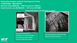 Horizontal lower end hydraulic support
Transversal arrangement
Pedestrians and coal separation
Noninterfering with the loader
Overall mobile whole sealing
Variable
angle
retractable
roof beams
Coal
channel
Walkways
Working Race Support: Hydraulic Roof Supports & Props
工作面支护设备：液压支架&支柱
Hydraulic Support液压支架 - OEM manufacturer OEM代工
Single hydraulic prop 单体液压支柱 - HOT brand HOT品牌
The third generation of the lower end
hydraulic support site layout
 