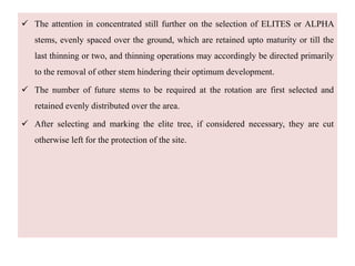  The attention in concentrated still further on the selection of ELITES or ALPHA
stems, evenly spaced over the ground, which are retained upto maturity or till the
last thinning or two, and thinning operations may accordingly be directed primarily
to the removal of other stem hindering their optimum development.
 The number of future stems to be required at the rotation are first selected and
retained evenly distributed over the area.
 After selecting and marking the elite tree, if considered necessary, they are cut
otherwise left for the protection of the site.
 