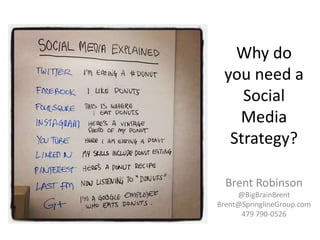 Why do
 you need a
    Social
   Media
  Strategy?

  Brent Robinson
     @BigBrainBrent
Brent@SpringlineGroup.com
      479 790-0526
 